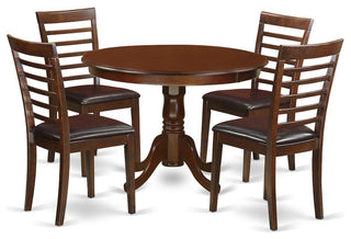 5-Piece Set With a Round Kitchen Table and 4 Leather Kitchen Chairs, Mahogany