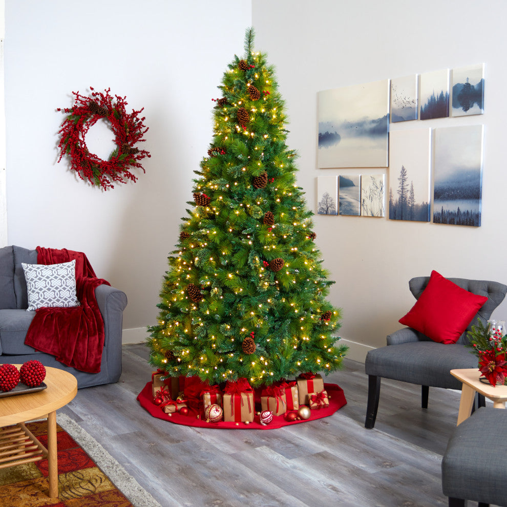 8' Montana Mixed Pine Faux Xmas Tree With Pine Cones, Berries & 700 Clear Lights