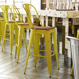 Yellow Metal Stool, Teak Seat