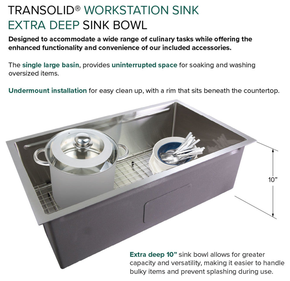 Transolid 33x19x10" Undermount Stainless Steel Workstation Sink