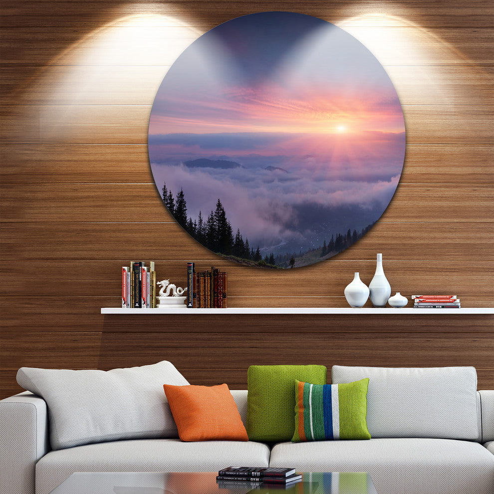 Sunrise In Purple Sky Over Mountains, Landscape Round Wall Art, 23"
