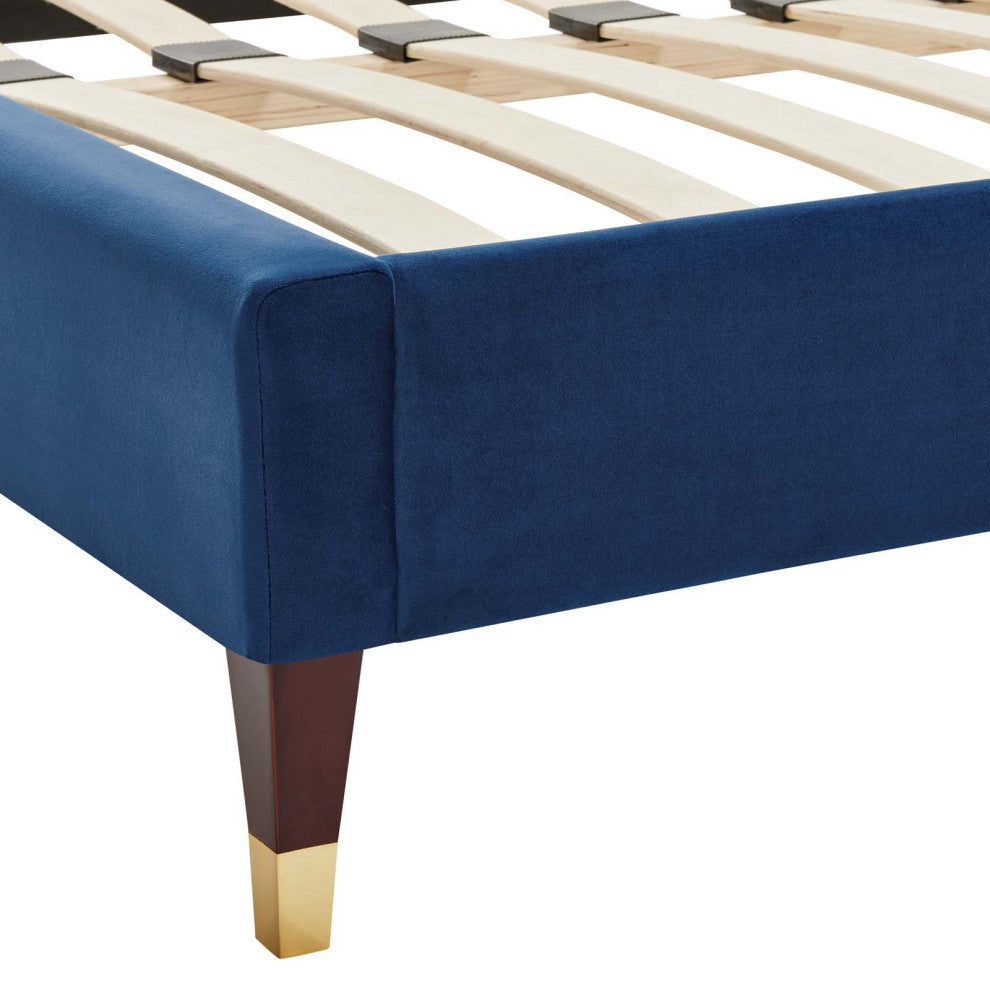 Platform Bed Frame, Queen Size, Blue Navy, Velvet, Modern, Bedroom Guest Suite