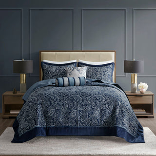 Madison Park Aubrey 5 Piece Reversible Jacquard Bedspread Set, Navy