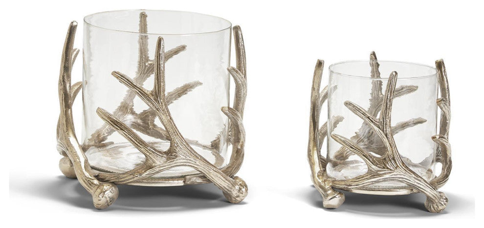 Two's Company Set of 2 Antiqued Silver Antler Hand-Crafted Hurricanes Vases