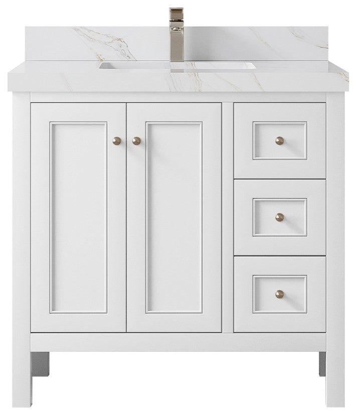 Nashville 36" Center Sink Bath Vanity, White 2" Calacatta Sienna