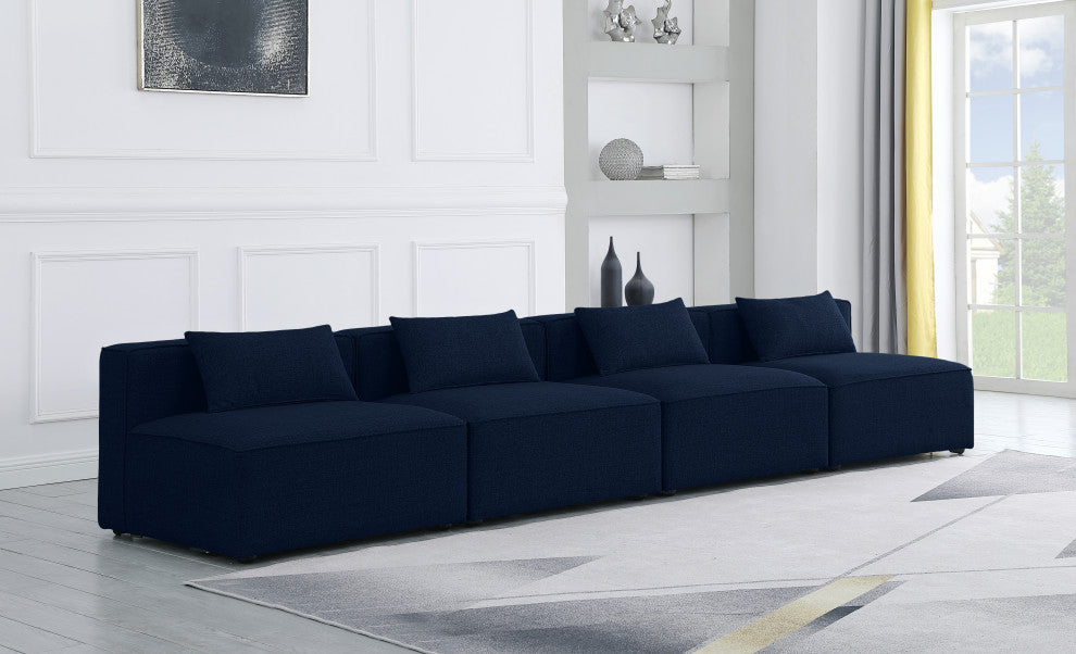 Cube Upholstered Modular Sofa, Navy, 4-Piece: 4 Armless Chair, Linen Texured Fabric