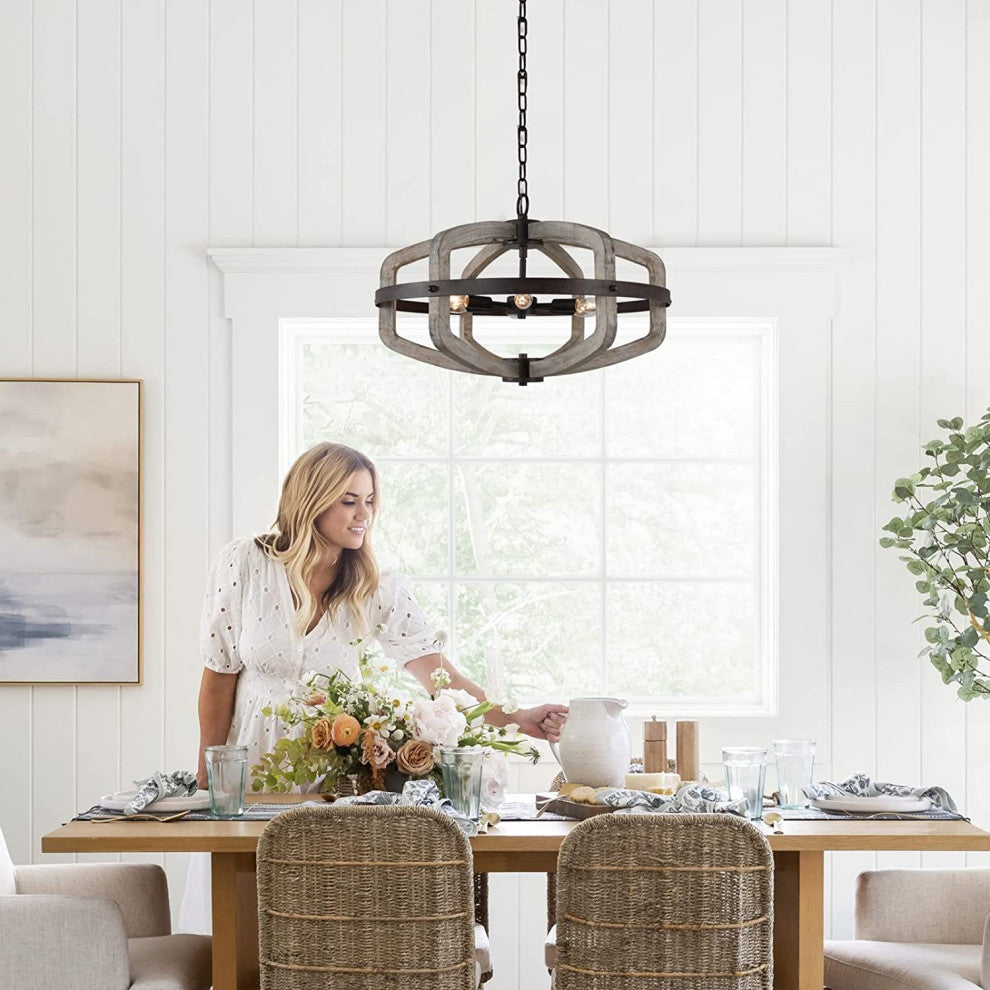 6 Light Wood Farmhouse Chandelier Rust Cage Vintage Pendant Hanging Light