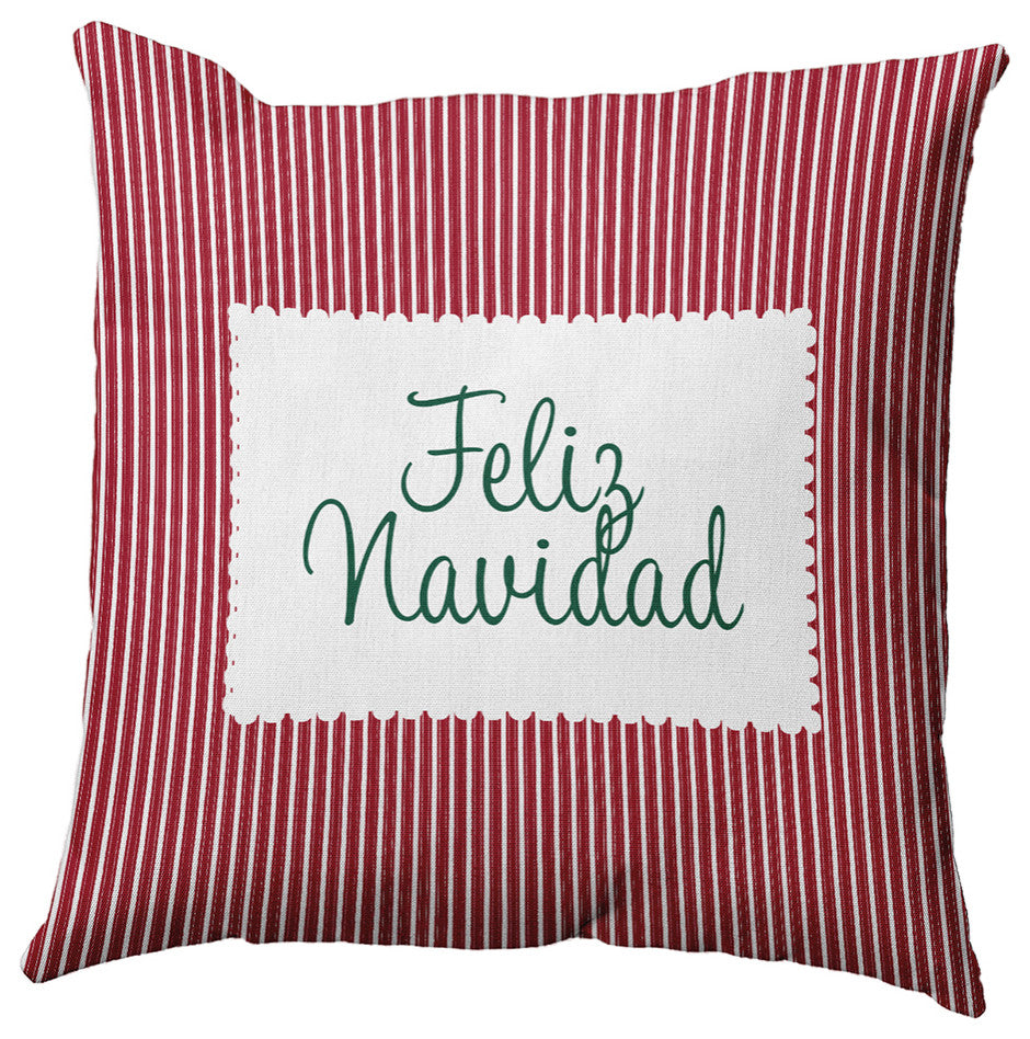 Feliz Navidad Ticking Accent Pillow, Haute Red, 16"x16"