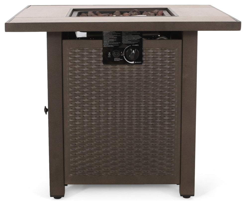 Larry Outdoor 40,000 BTU Iron Square Fire Pit, Dark Brown/Brown Wood Grain