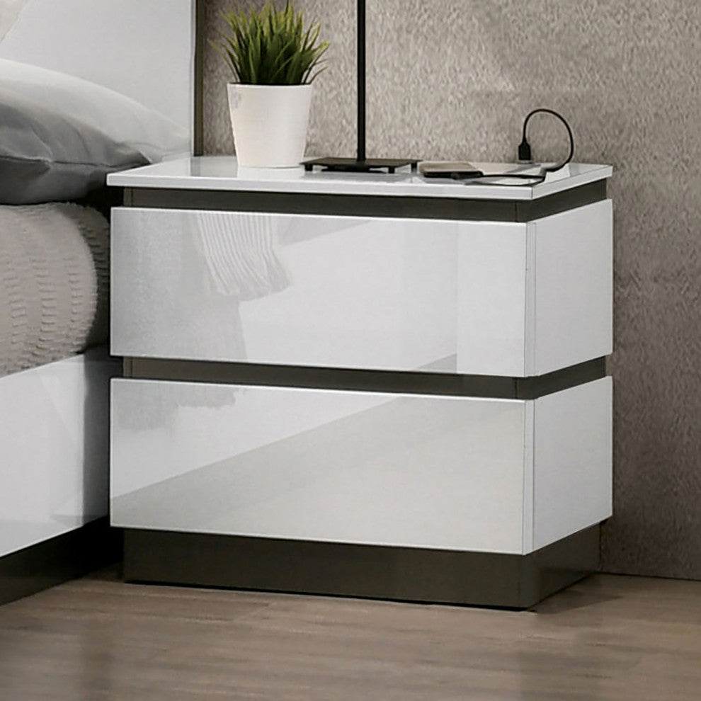 2 Drawers Nightstand, White/Metallic Gray