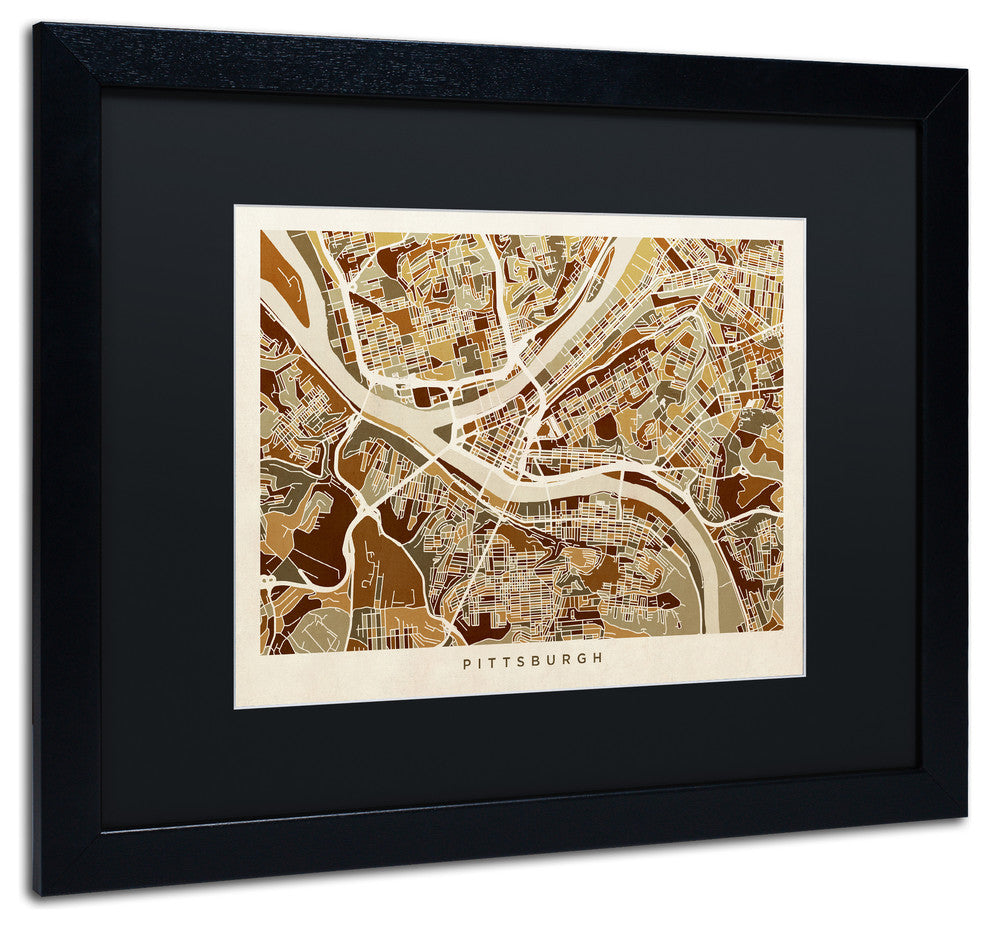 "Pittsburgh Street Map" Matted Framed Canvas Art by Michael Tompsett