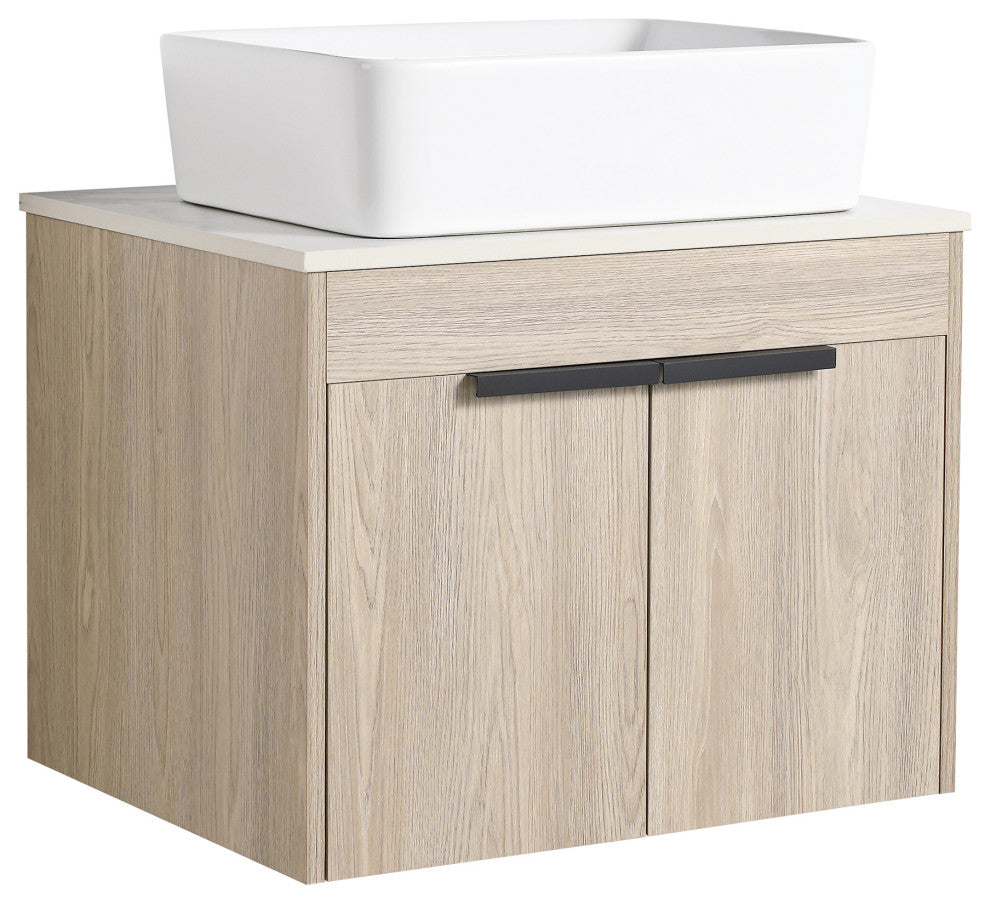 Wall-Mounted Bath Vanity, White Oak, White Ceramic Vessel Sink