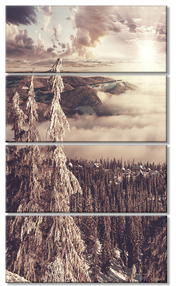 Dark Winter Scene At Sunset, Landscape Wall Art on Canvas, 28"x48", 4 Panels