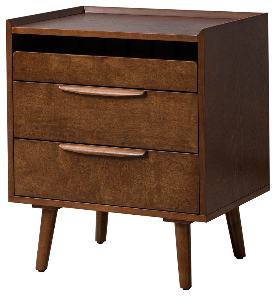 Mid-Century Modern 3-Drawer Nightstand With Charging Station, Walnut