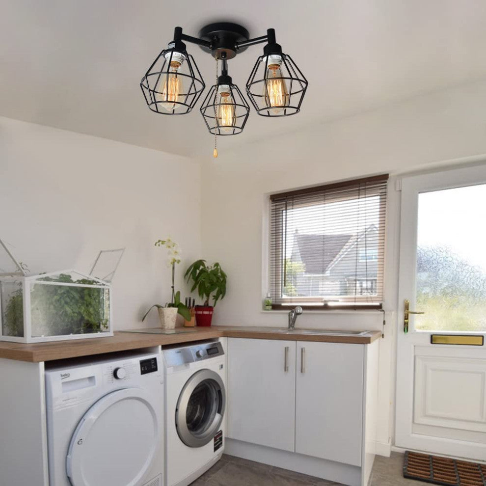 3 Light Industrial Pull Chain Ceiling Light Fixture, Black Cage Flush Mount