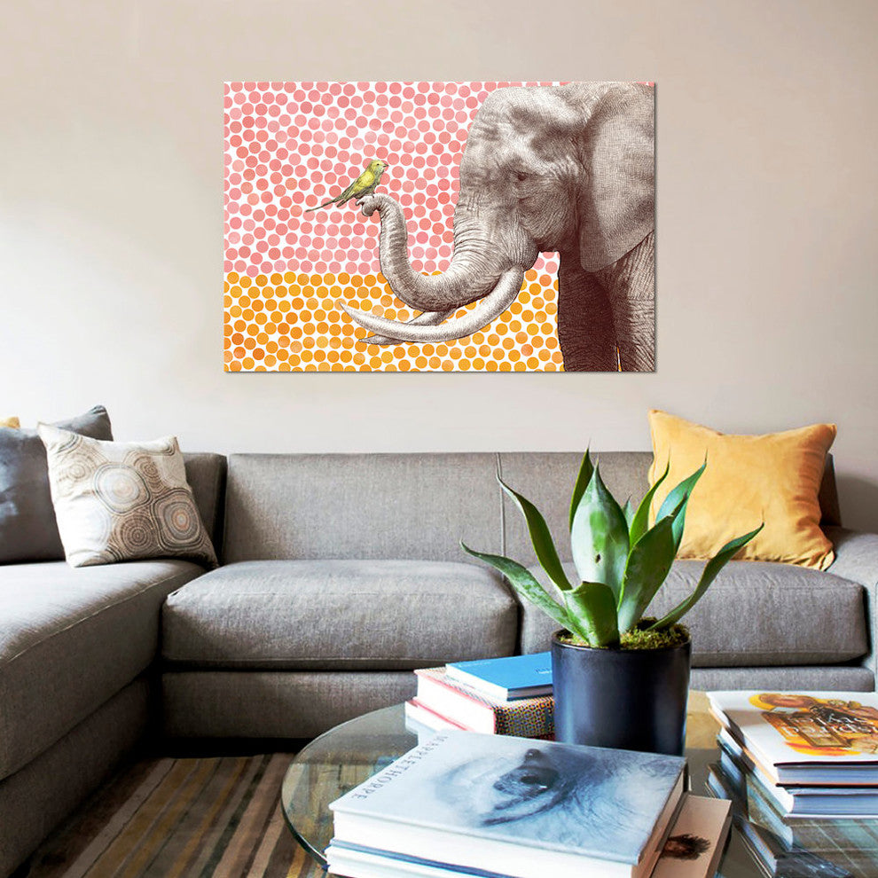 "Elephant and Bird II" by Eric Fan, Canvas Print, 26"x18"