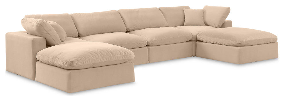 Comfy Upholstered U-Shaped Modular Sectional, Beige, 6-Piece: 2 Armless Chair, 2 Corner Chair, 2 Ottoman, Velvet