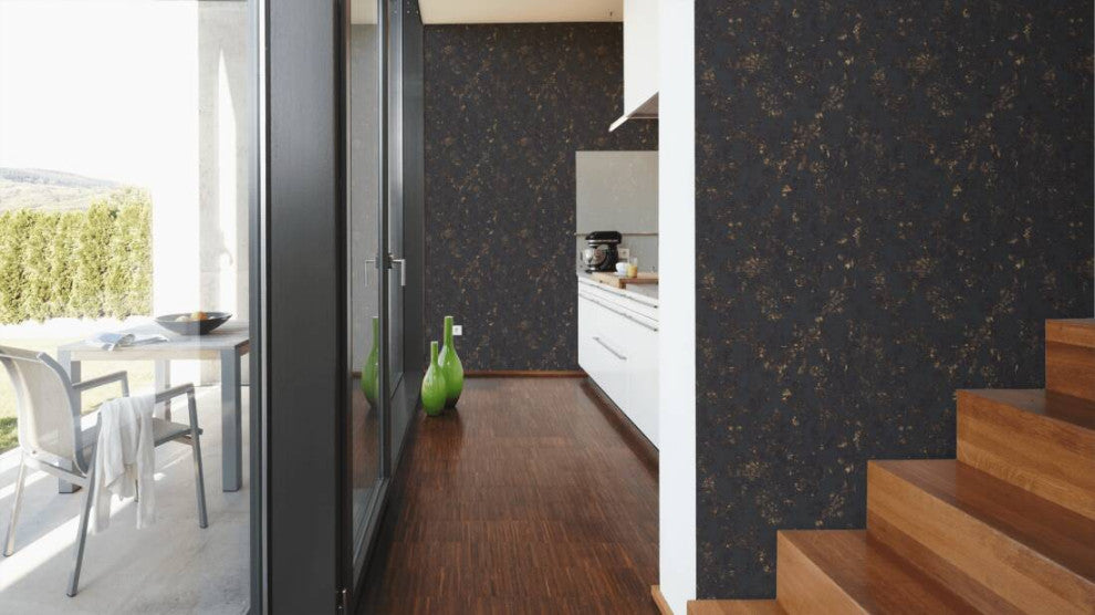 Damask Textured Wallpaper, Ornaments, 374132, Black Anthracite Gold, 1 Roll