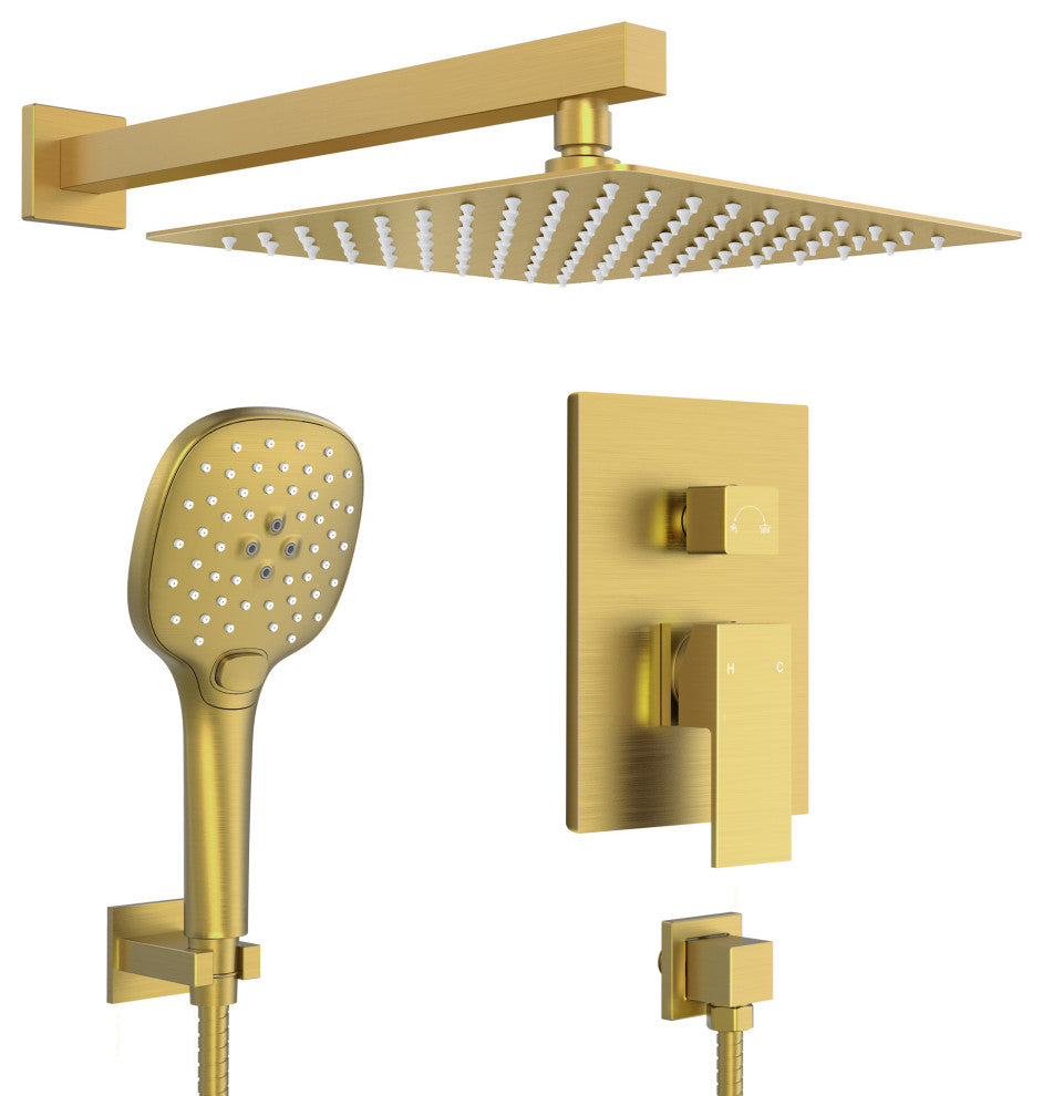 Pressure Balanced Shower System with 3-Setting Hand Shower, Brushed Gold, 10"