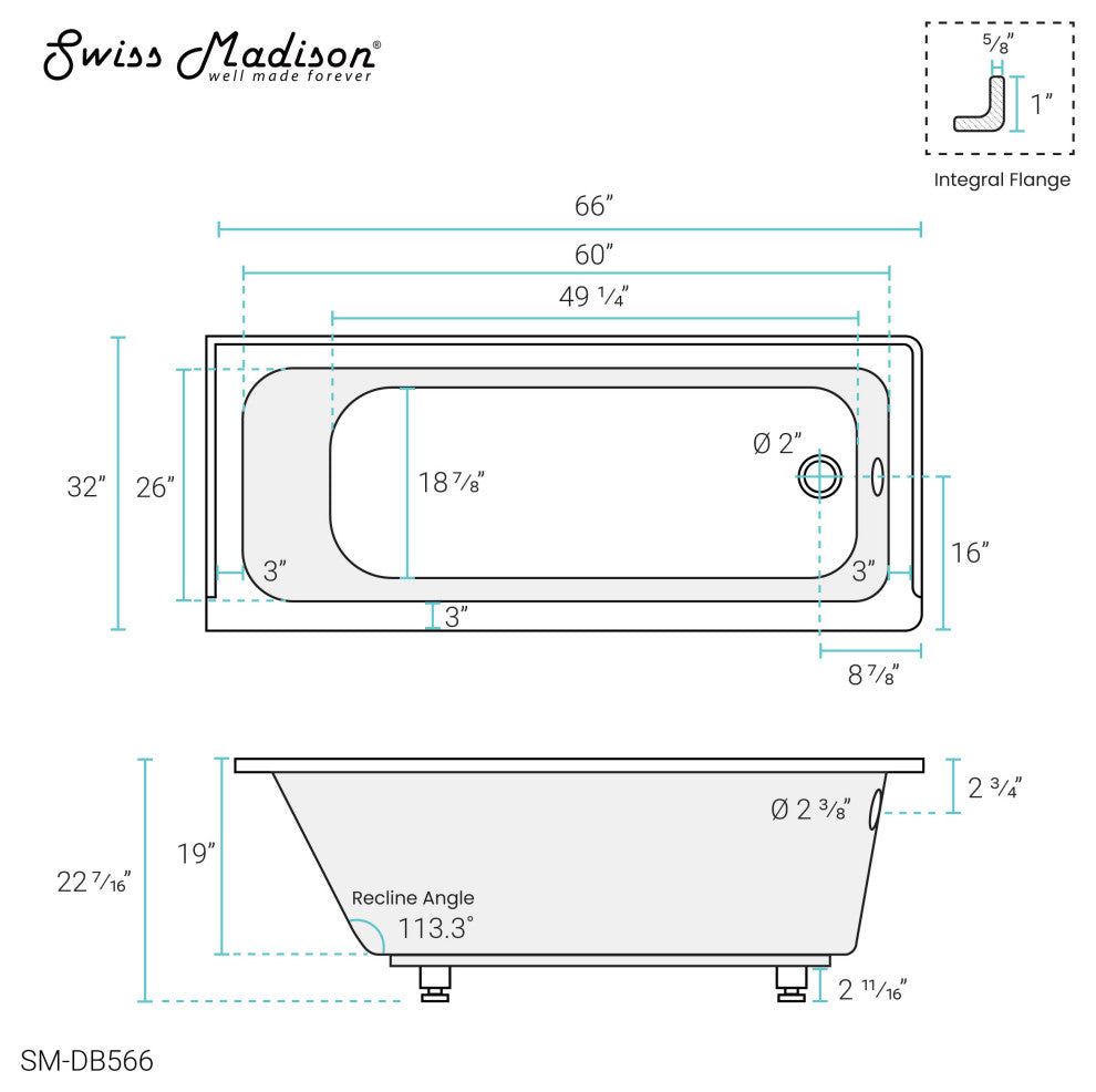 Voltaire Acrylic Bathtub with Integral Tile Flange, 66" x 32", Right Hand Drain