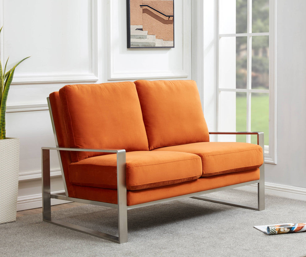 LeisureMod Jefferson Modern Design Velvet Loveseat With Silver Frame, Orange