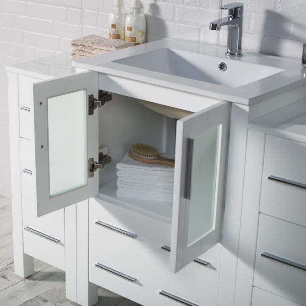 Sydney 84"Vanity With Ceramic Double Sinks and Mirrors White