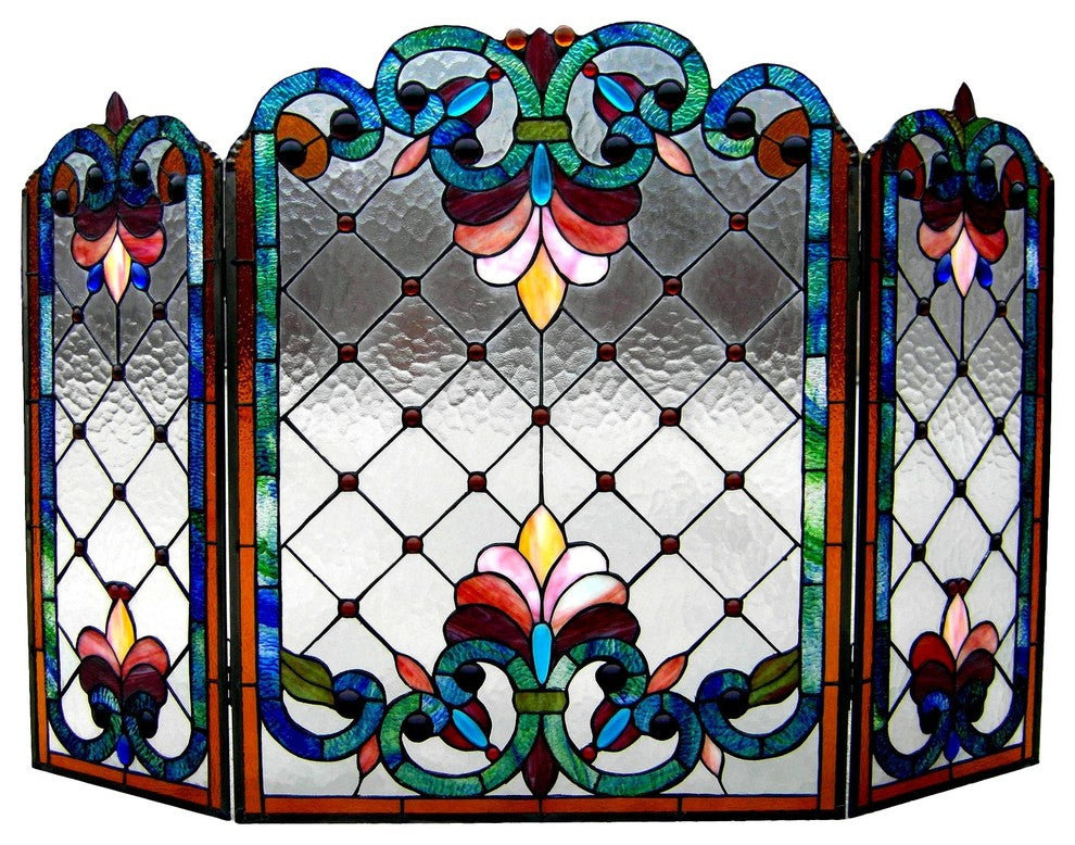 Chloe-Lighting Tiffany-Glass 3-Piece Folding Victorian Fireplace Screen