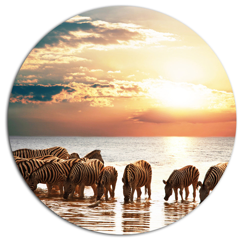 Herd Of Zebras In Clear Lake, African Art Disc Metal Artwork, 23"