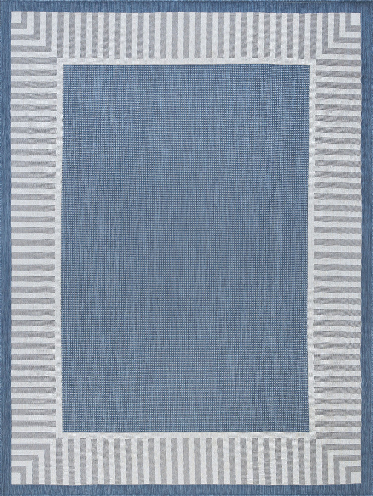Elgin Transitional Striped Border Blue/Cream Indoor/Outdoor Area Rug, 9'x12'