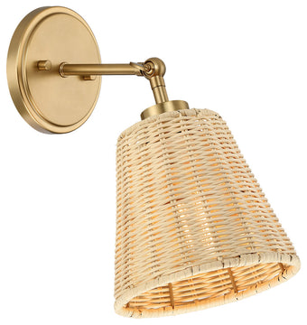 7" W 1-Light Natural Rattan Wall Sconce With Adjustable Swivel Swing Arm, Brass
