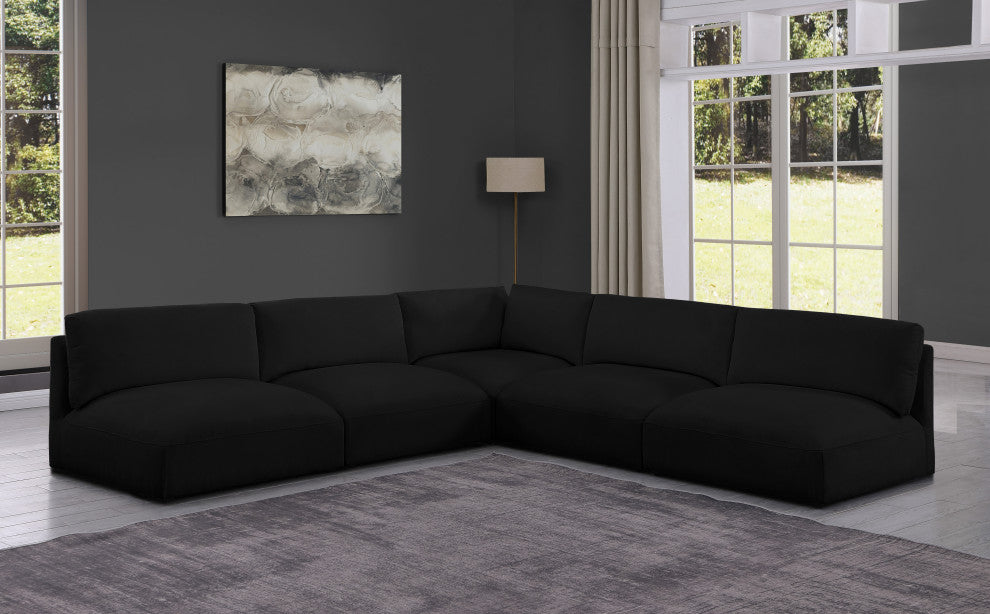 Ease Fabric Upholstered L-Shaped Modular Sectional, Black, 5 Piece: 1 Corner, 4 Armless