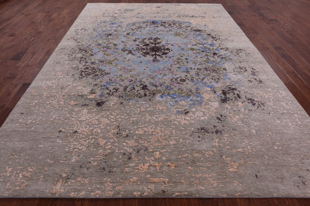 8' 11" X 12' 1" Wool and Silk Modern Hand Knotted Rug Q9259