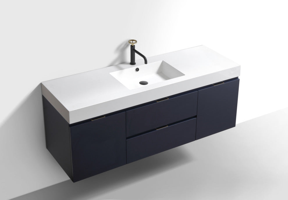 Bliss 60" Single Sink Blue Wall Mount Modern Bathroom Vanity