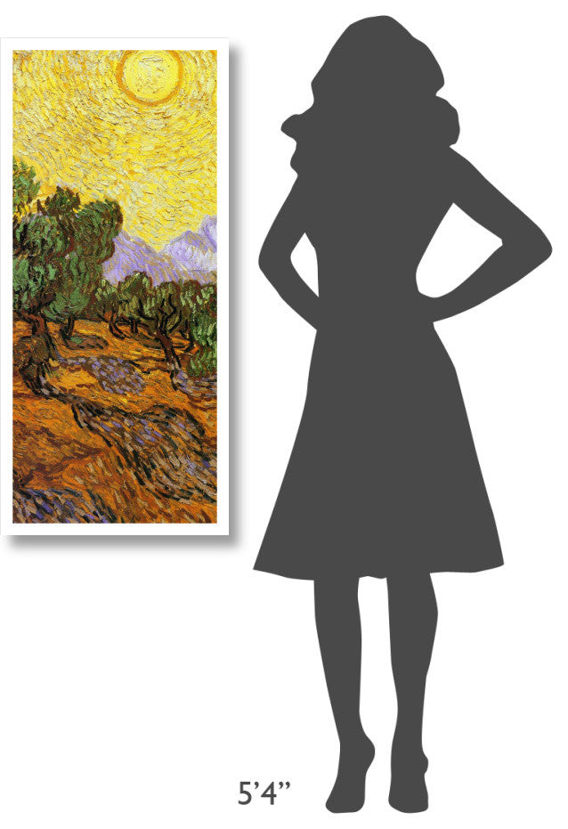 "Olive Trees With Yellow Sky And Sun (center)" Paper Art, 19"x42"