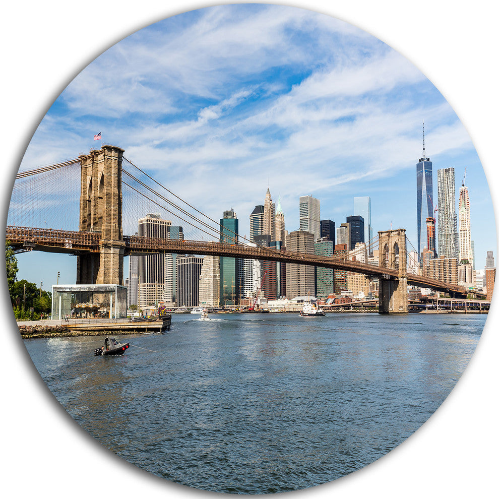 Summer Day Brooklyn Bridge, Cityscape Round Metal Wall Art, 36"