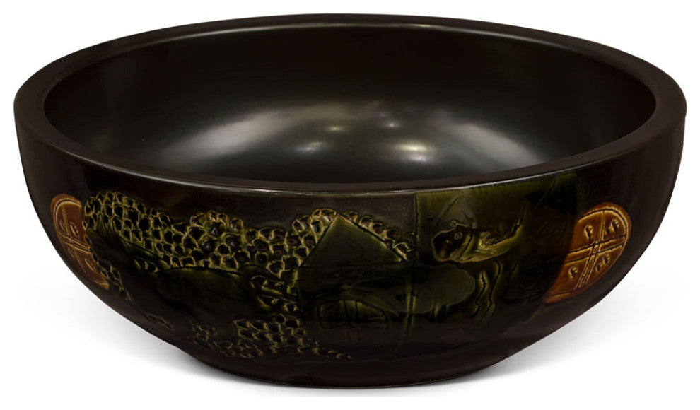 16in Black Chinoiserie Motif Oriental Porcelain Basin