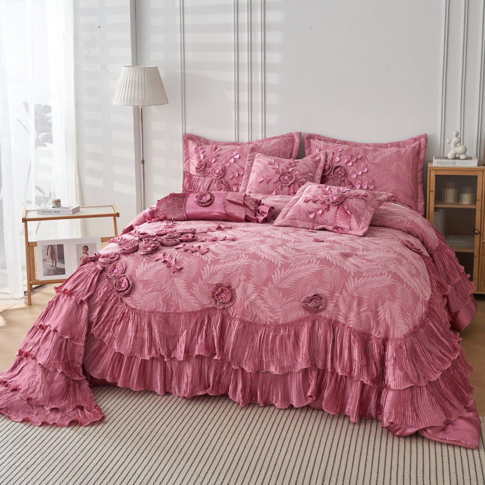 Pink Royal Dreams Faux Satin Ruffle Comforter Set, King