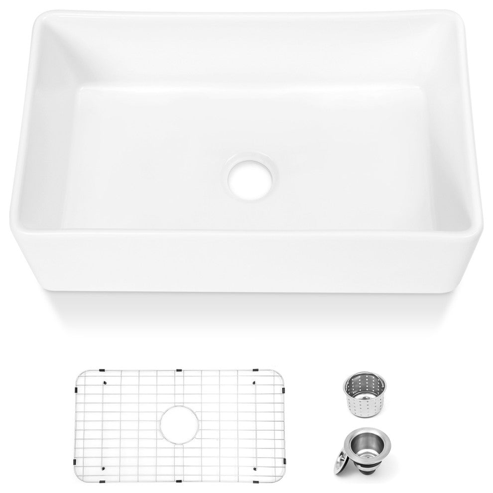 Sinber White Ceramic Double Bowl Apron farmhouse Kitchen Sink With Str, 33"x17"