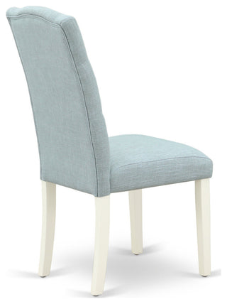 5Pc Dining Set, Round Table, Four Parson Chairs, Baby Blue Fabric, Linen White