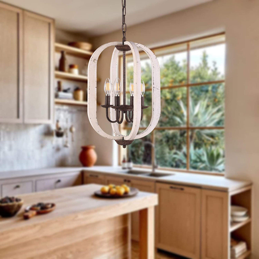 4 Light Wood Chandelier Mini Hanging Pendant Lighting With Retro White Finish
