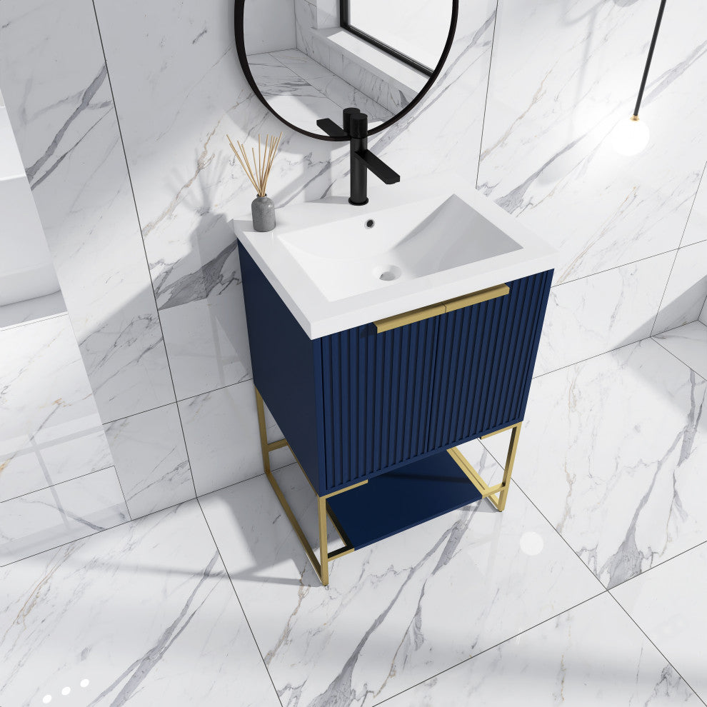 Plywood Freestanding Bathroom Vanity Set with White Ceramic Sink , Navy Blue, 24