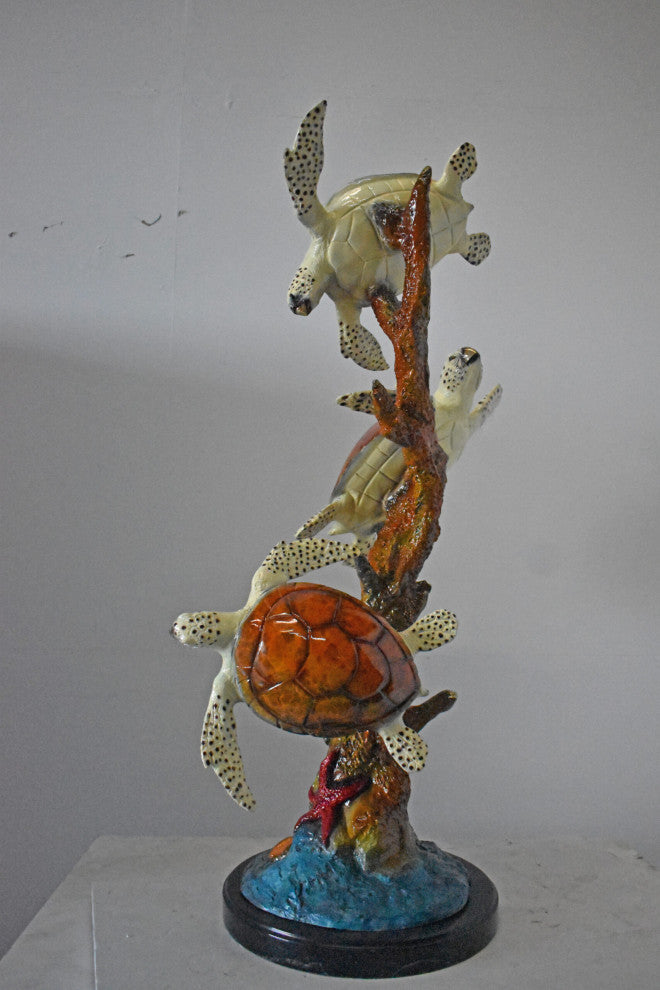 Three Turtles with Coral Bronze Statue - Size: 32"L x 32"W x 41"H.