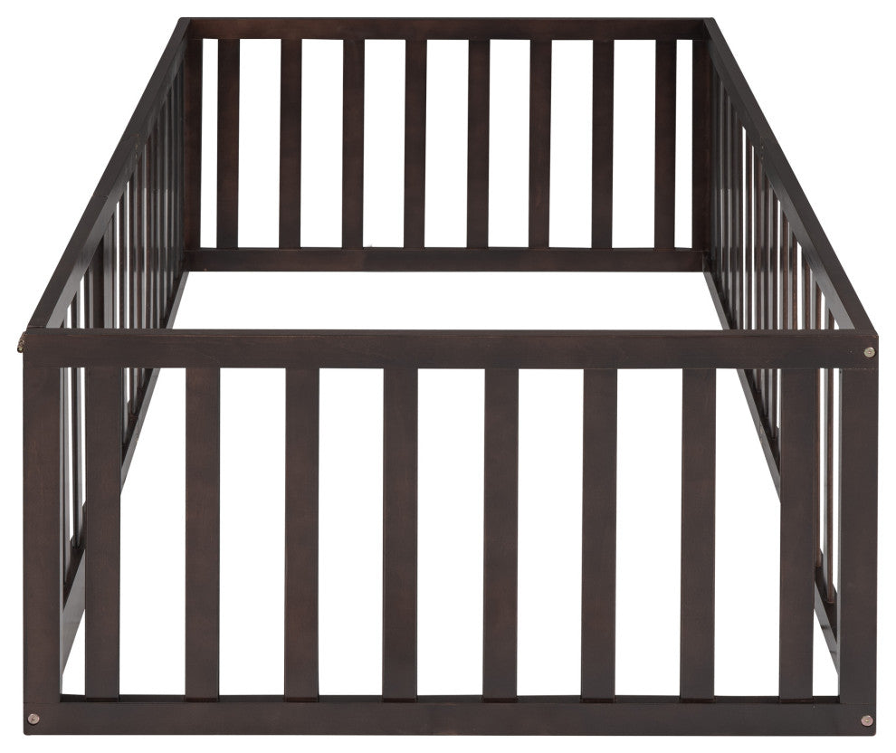 TATEUS Stylish and Versatile Floor Bed for Kids"™Bedroom Fences, Walnut, Twin