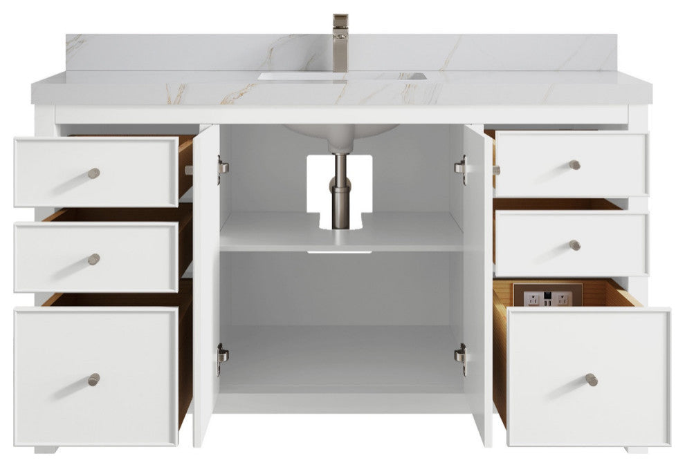 Chicago 60" Single Sink Bathroom Vanity, White 2" Calacatta Sienna Quartz
