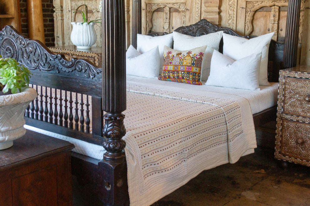 Summer White Quilted Cotton Kantha Bedcover