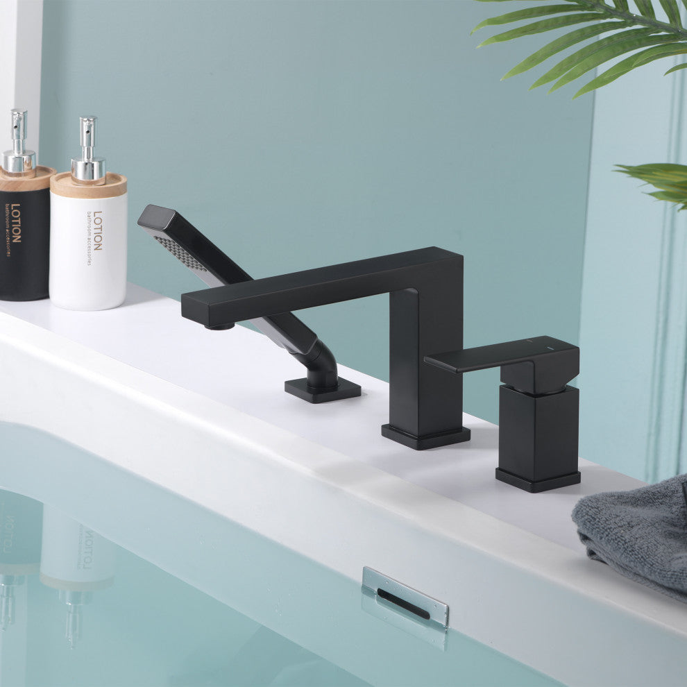 Luxier RTF17 Deck-Mount Roman Tub Faucet With Hand Shower, Matte Black