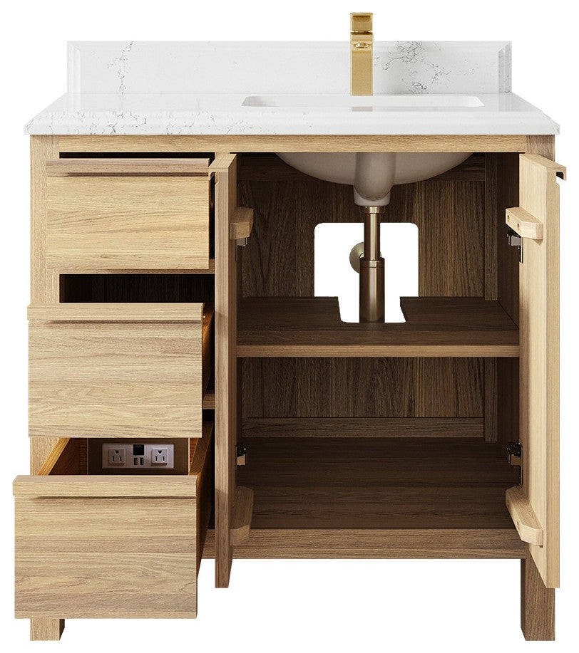 Elizabeth Oak 36" Right Offset Sink Vanity, White 1.5" Empira Quartz