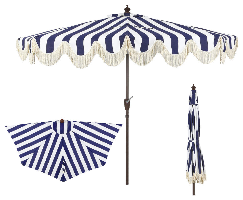 9ft Half Market Umbrella, Scalloped Fringe, Crank, Button Tilt, UV Protection