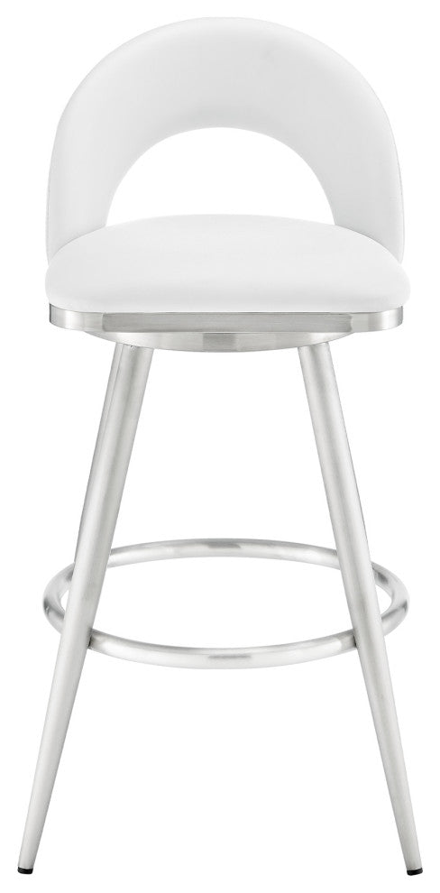 Lottech Swivel Bar Stool, Brushed Stainless Steel With Faux Leather, White