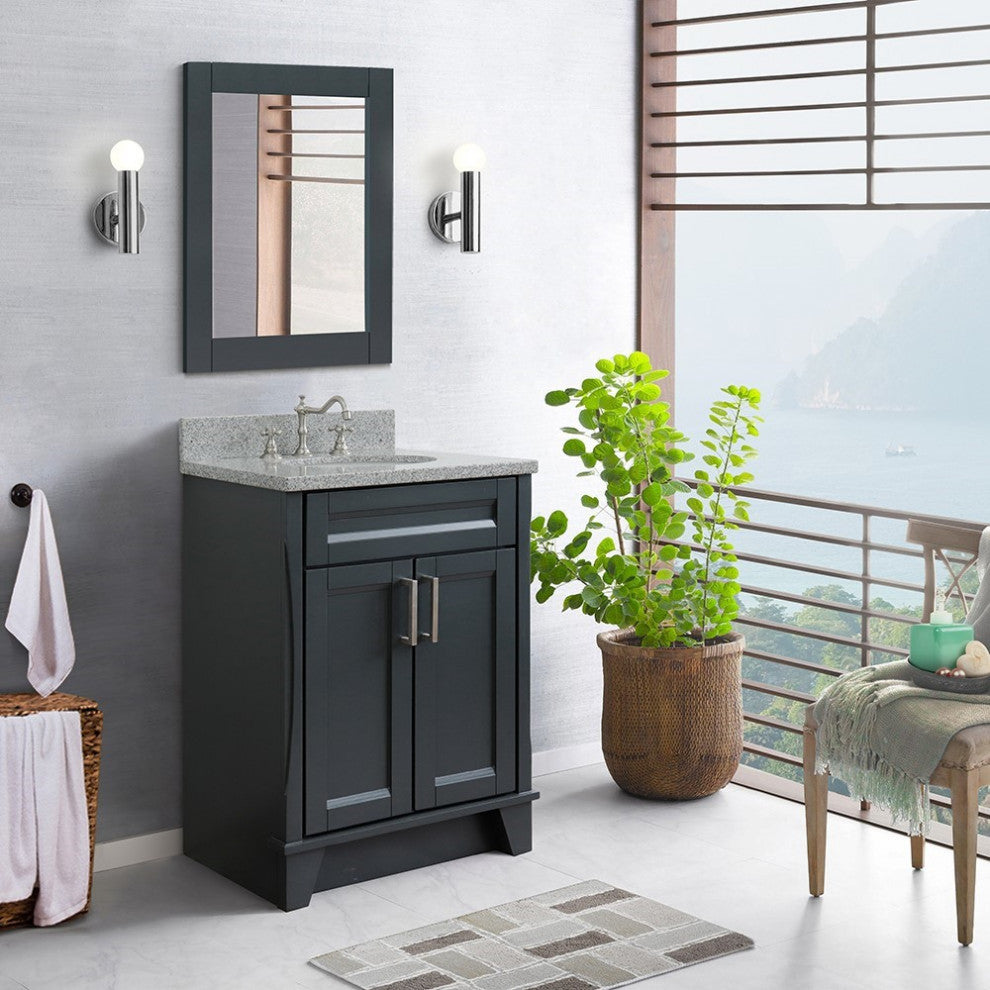 25" Single Sink Vanity, Dark Gray Finish With Gray Granite And Oval Sink